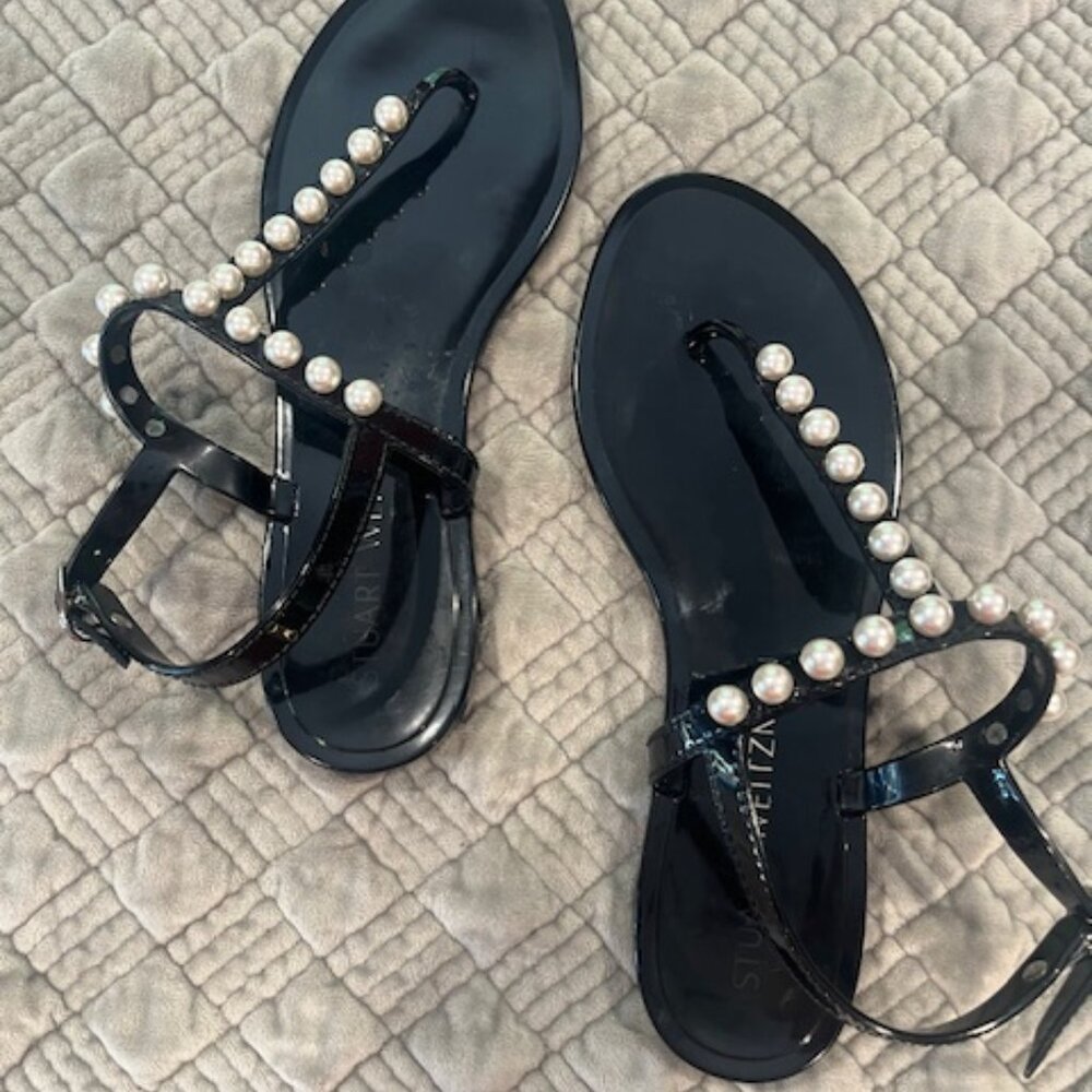 Stuart Weitzman Womens Black Jelly Pearl Thong Sandal Shoe Sz8, Originally $147